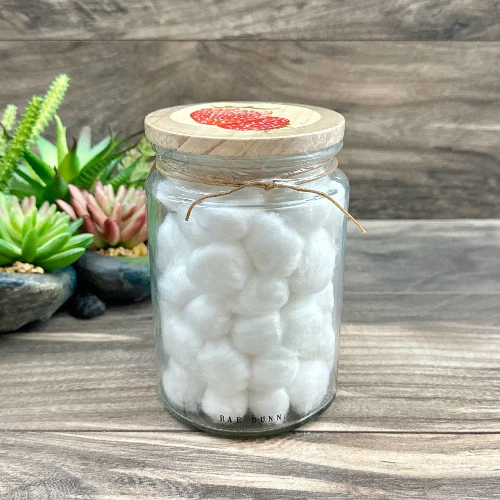 NIB RAE DUNN Large Glass Jar w 60 Cotton Balls Sweet Strawberries Lidded Storage